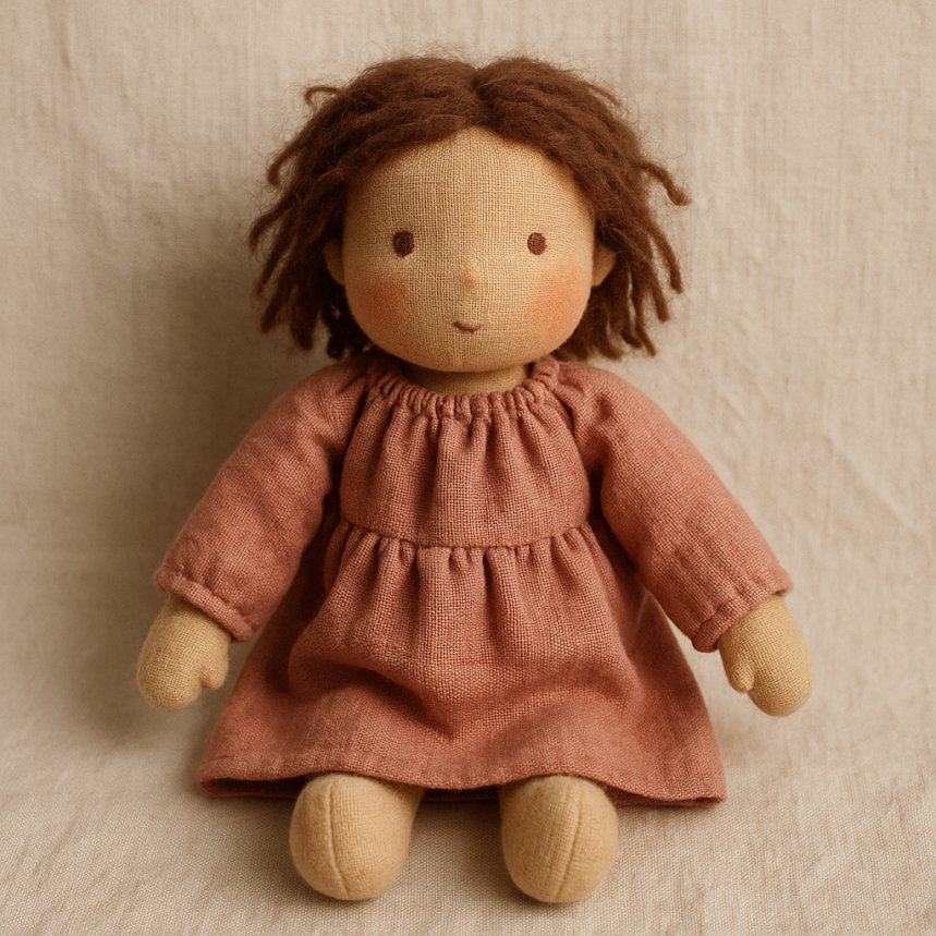בובה אנתרופוסופית תפורה , לבושה בשמלה חומה עם שער חום